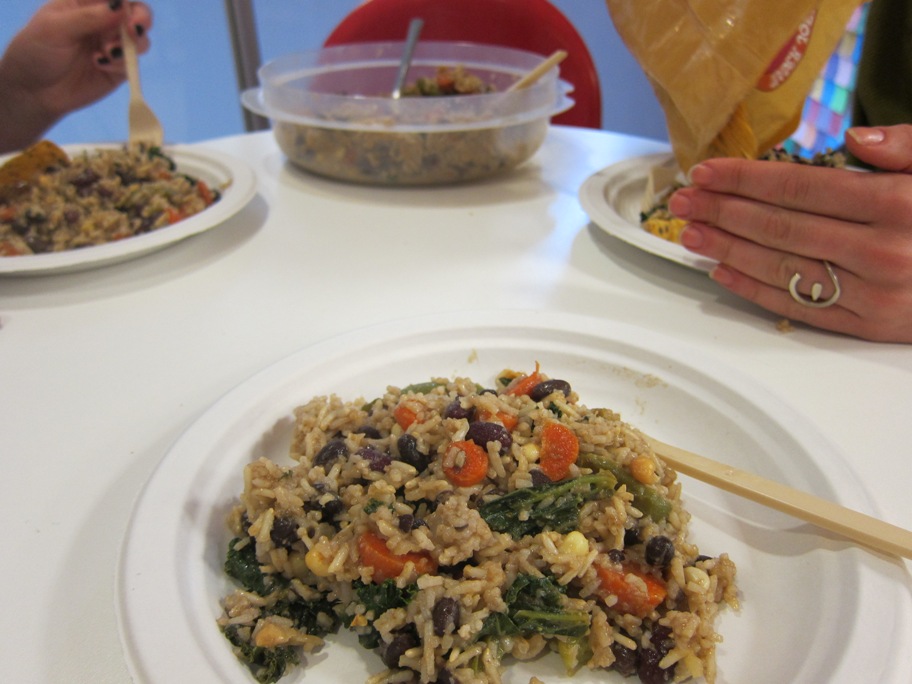 Candace & Rena's lunch bunch (Ali & Steph) sharing rice with beans, kale, corn, carrots, and pumpkin butter.