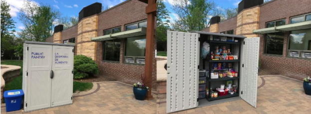 Outdoor free food pantry at a library in Woodstock, Illinois. Photo Credit: Martha Hansen, Assistant Director / Head of Adult Services, Woodstock Public Library, Ill.