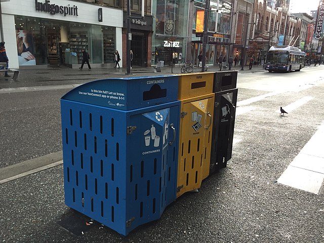 Street recycling containers in downtown Vancouver. Credit: Wikimedia Commons just transition