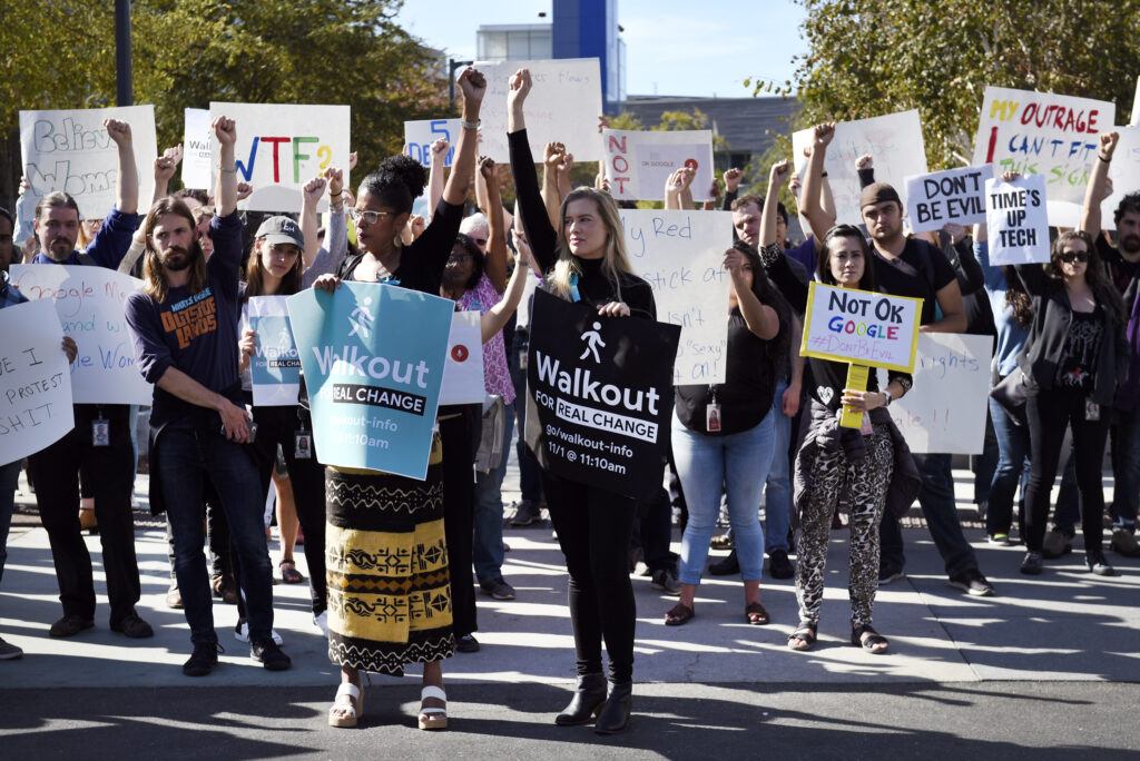 organizing: The Google walkout of 2018 (in protest of the company’s handling of sexual harassment) was one of the largest collective actions taken by workers in the tech sector. Credit: Getty Images, licensed by The Solidarity Fund