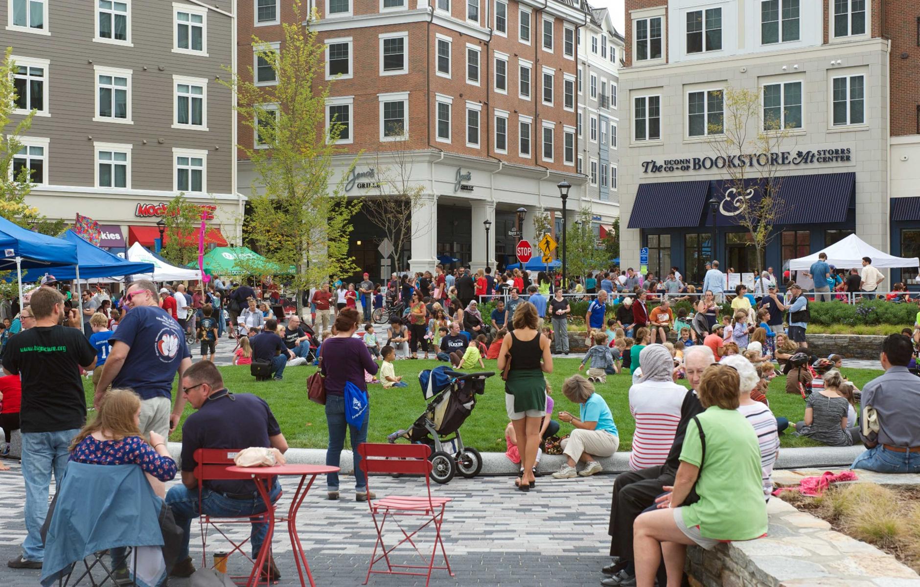 guerilla urbanism: Jacobs highlighted the importance of citizen engagement in planning processes and the benefits of mixed-use urban centers, like this one in Storrs, Connecticut. Credit: CNU Journal