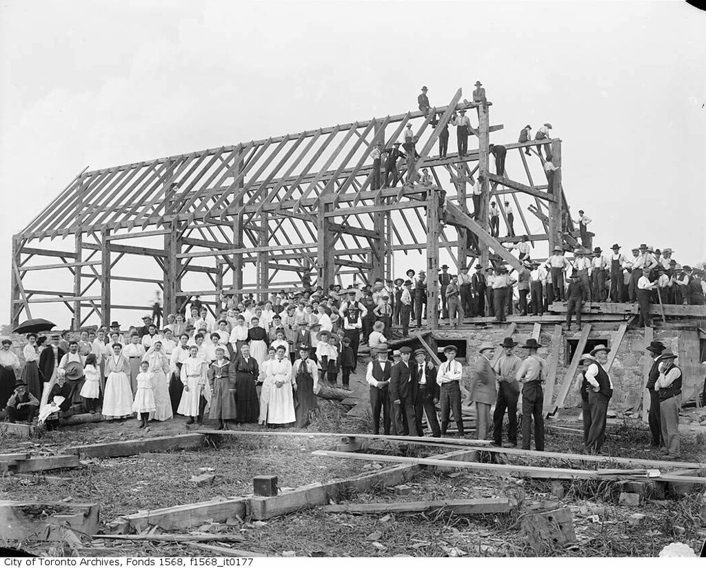 Barn raising, farm of Joseph Bales, Lansing, North York Township. Photographer: Alexander Galbraith ca. 1910. City of Toronto Archives