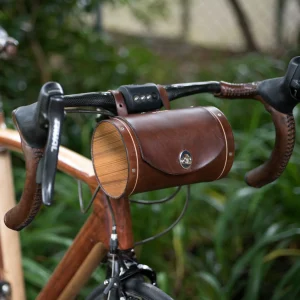 Handmade leather bike barrel. 