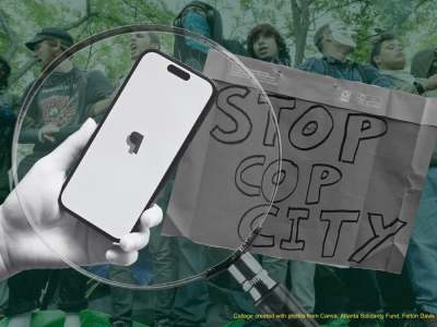 Stop Cop City collage with a magnifying glass on a phone with paypal