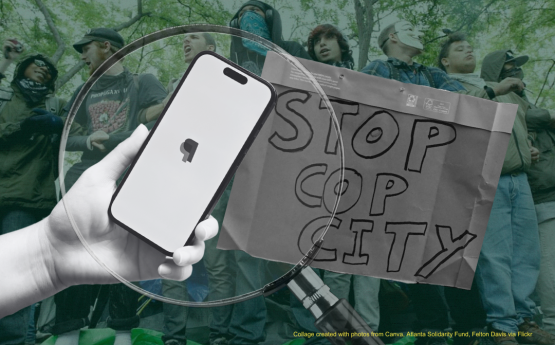 Stop Cop City collage with a magnifying glass on a phone with paypal